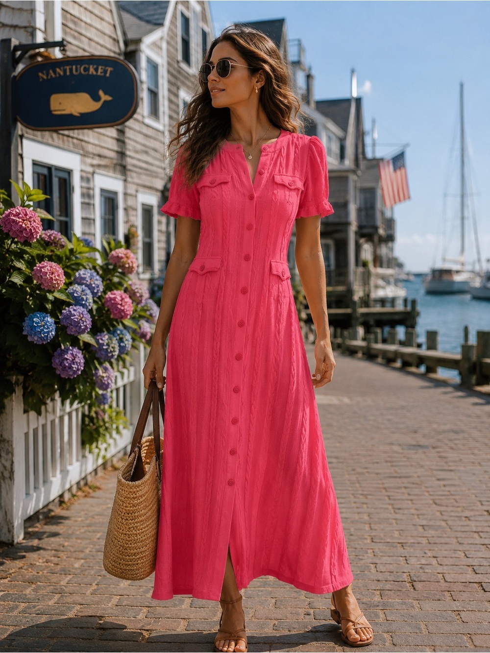Sandro Hot Fucsia Pink Button-Front Maxi Dress